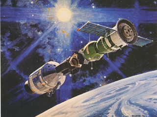 Artisitic rendition of the "Apollo-Soyuz Linkup" by Robert McCall (1974)